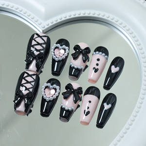 Prix usine en gros Faux ongles à presser de luxe faits main en acrylique style Y2K, forme cercueil, avec strass et motif French manucure 3D pleine couverture - Product Image 3