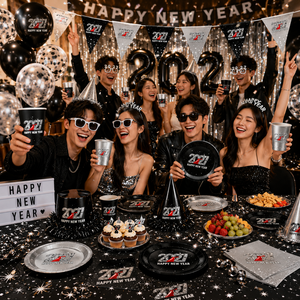 Fournitures pour fête du Nouvel <span class=keywords><strong>An</strong></span> 2027, ensemble de vaisselle jetable noir et argent, assiettes, gobelets, serviettes, décorations pour la fête du réveillon du Nouvel <span class=keywords><strong>An</strong></span> - Product Image 1