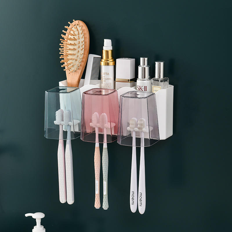 Accesorios de baño Soportes dispensadores 2 disp Multifuncional Pasta de dientes Exprimidor de soporte de cepillo de dientes que se monta en la pared para ahorrar espacio con cubierta a