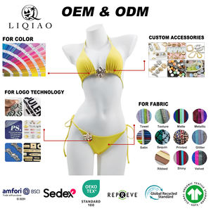 بيكيني نسائي مثلث الشكل مصنوع من النايلون والسباندكس مع شعار مخصص وحواف معدنية مخصصة باللون الأصفر - Product Image 1