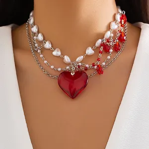 Elegante mehr schicht ige Imitation Perlen Perlen Kette Halskette für Frauen Goth Big Red Love Herz Anhänger Y2K Schmuck Mi Zubehör