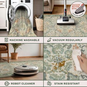 Grande Tappeto Verde Salvia con Motivi Floreali e Uccelli, Lavabile, Antiscivolo e Antimacchia per Soggiorno, <span class=keywords><strong>Sotto</strong></span> il <span class=keywords><strong>Tavolo</strong></span>, Arredamento Casa - Product Image 4
