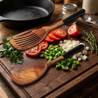 Ensemble spatule et cuillère en bois d'acacia 2 pièces, résistant à la chaleur, écologique, durable, sans danger pour les aliments, antiadhésif, noir, manche long
