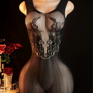 PEEQI 5005 Nuevo Estilo Más Vendido, Lencería de Moda para Mujer, Body de Malla Transparente sin Mangas, Color Sólido, Diseño Calado - Product Image 3