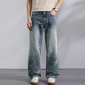 Huanqiu Vente en gros Jeans en denim japonais coupe droite classique imprimé étoiles décontracté jambe large ample en denim selvedge - Product Image 1