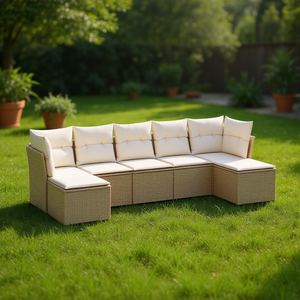 Conjunto de Sofás de Jardín en Ratán Sintético Beige, Muebles de Exterior Duraderos de Diseño Contemporáneo con Cojines de Espuma de Alta Densidad - Product Image 2