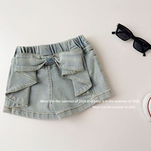 Pantaloncini per Bambine 2026 con Grande Fiocco in Denim <span class=keywords><strong>Blu</strong></span> Lavato - Product Image 1
