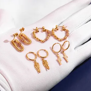 Bijoux En Aci Inoxyd Lightning Gold Pink Zirconia Women Earrings Exquisite Design Custom Large Hoop Bamboo Earring