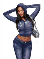 Setelan Dua Potong Atasan Crop Top Berkerah Hoodie Motif Denim Imitasi & Celana Skinny dengan Cetak Huruf, Tracksuit Kasual Wanita