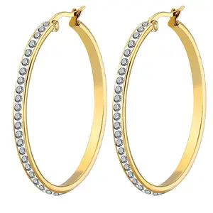 Hot Selling 20 30 40mm Stainless Steel Big Hoop Earrings Women Luxury Wedding Party 18K Gold Full Diamond Hoop Earrings 2023
