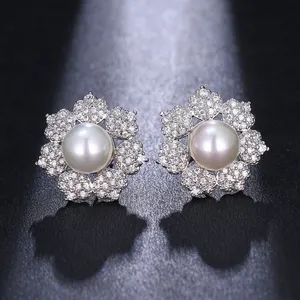 Emmaya New Flowers Surround Pearls Shape Two Colors Cubic Zircon Vivid Stud Earring For Female Banquet Cute First Choice