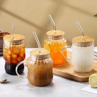 Vaso de Vidrio de Borosilicato Alto Acanalado de 450ml con Tapa de Bambú y Pajita, Taza para Café Helado con Asa o sin Asa