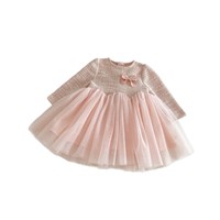 Robe en tweed et tulle à manches longues avec détail nœud mignon pour bébé fille, tenue décontractée une pièce pour fête