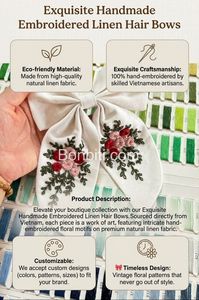 Barrettes à cheveux personnalisées surdimensionnées en lin blanc avec nœud marin et motif floral de roses rouges brodé à la main, à longue queue - Product Image 5