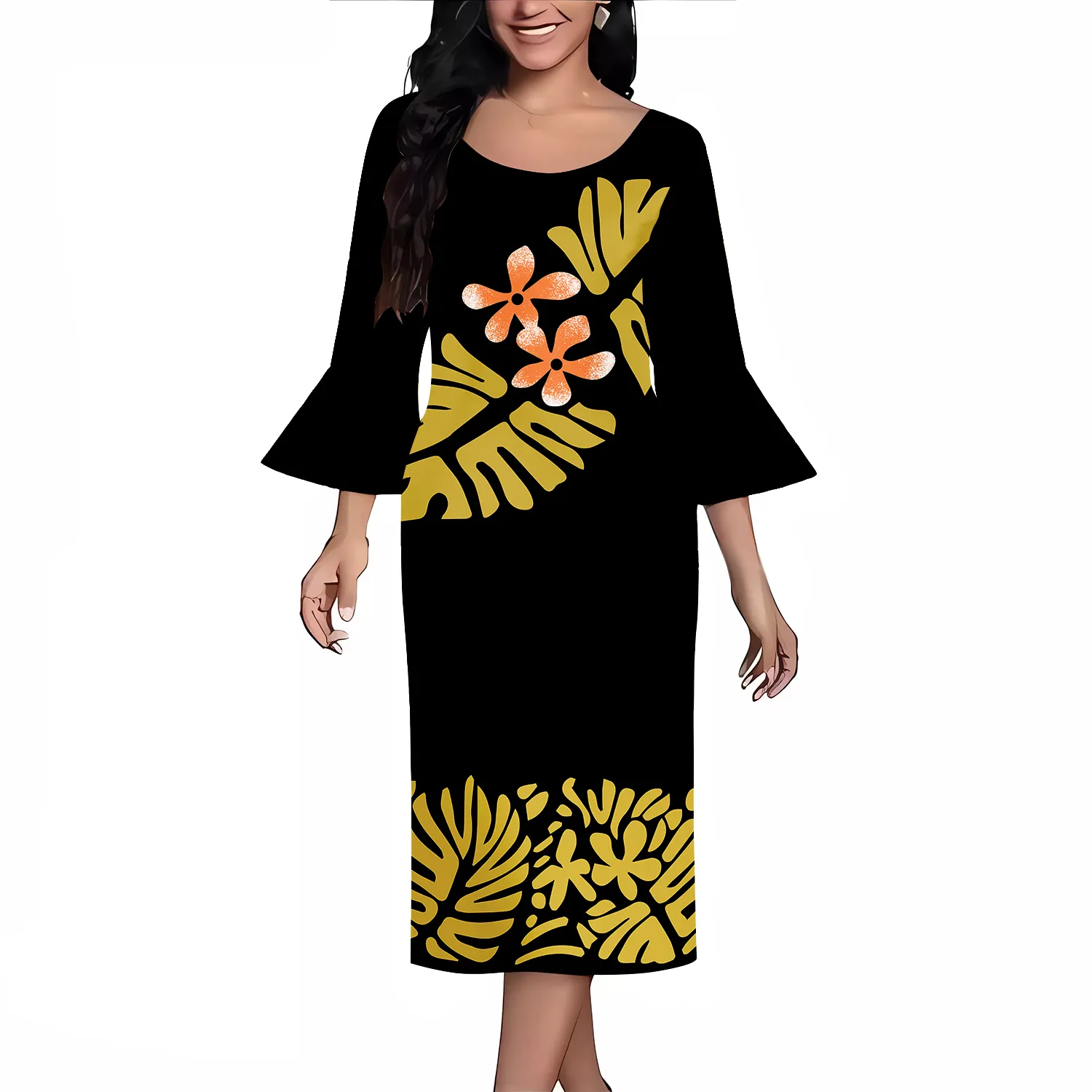 Pacific Island Art grande taille 8XL col rond la robe à manches en corne Monstera Leaf Design Pacific Heritage robe de mode