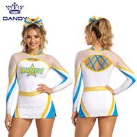 Uniforme de cheerleading personnalisé noir turquoise à manches longues en maille, épaules dénudées, avec strass, dos croisé, haut court et jupe à ourlet ondulé