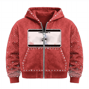 Sweats à capuche personnalisés pour hommes Sweatshirts à capuche unisexe en coton avec broderie d'appliques en coton éponge et strass délavé à l'acide noir sweat à capuche zippé - Product Image 2