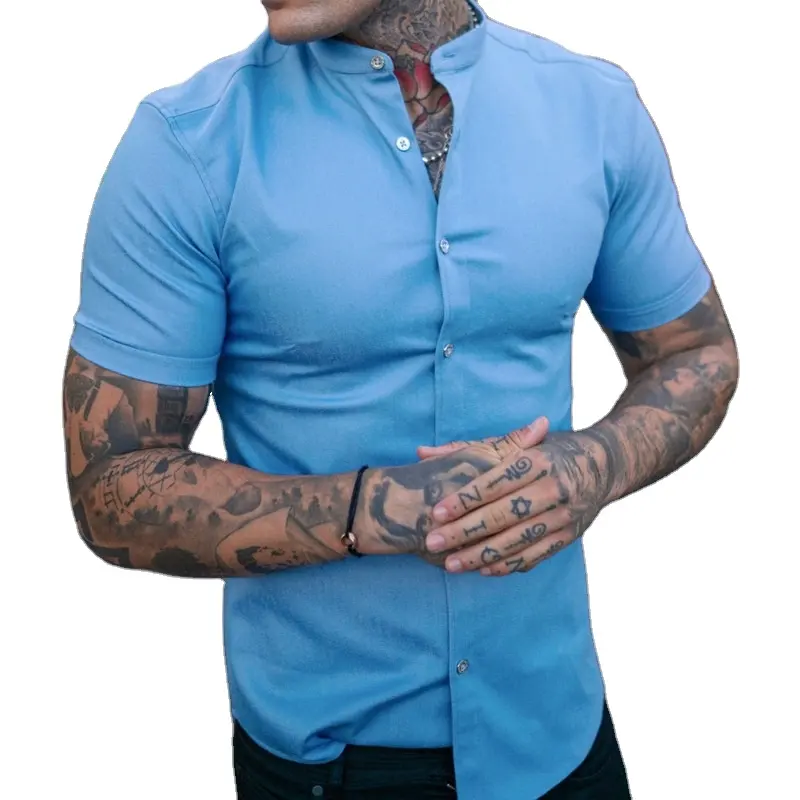 여름 패션 로얄 블루 그린 와인 레드 대형 스웨터 슬림 피팅 버튼 업 짧은 소매 회전율 칼라 남성 셔츠