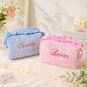 Pochette cosmétique brodée sur mesure, trousse de toilette à carreaux, étui à cosmétiques à volants, pour les voyages et le rangement quotidien - Product Image 4