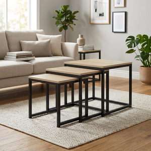 Modern <b>Nesting</b> <b>Coffee</b> <b>Table</b> <b>Set</b> Wood Top Metal Frame Minimalist Design Living Room Furniture - Product Image 1