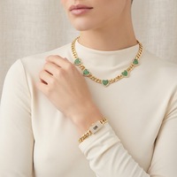 Parure de bijoux pour femme en laiton plaqué or 14K, style Hip Hop, avec chaîne cubaine, collier, bracelet, boucles d'oreilles et bagues, étanche, ornée de zircon vert en forme de cœur