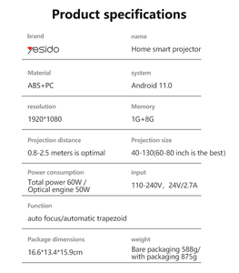 โปรเจคเตอร์อัจฉริยะ Yesido BT5.4+Wifi 6 ระบบสัญญาณอัจฉริยะ กำลังขับ 3 วัตต์ ถอดรหัส 4K ความละเอียดสูง 1080P สำหรับใช้ในบ้าน รุ่น <span class=keywords><strong>TV16</strong></span> - Product Image 5
