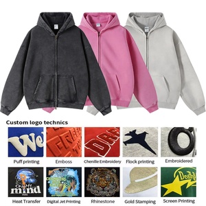 Sweat à capuche streetwear personnalisé hiver 500 g/m² en molleton 100 % coton vierge, zippé, vintage, double couche, effet soleil délavé et vieilli, délavé à l'acide - Product Image 3