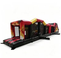 Parcours d'obstacles gonflable FUN BOUNCE 18m en 2 parties avec flammes vacillantes en PVC pour usage commercial extérieur