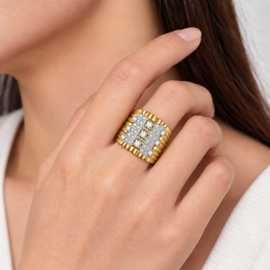 Wide Stainless <b>Steel</b> Zircon Statement <b>Ring</b> with Square Stone Grid and 14K Gold Vacuum Plating - Product Image 5