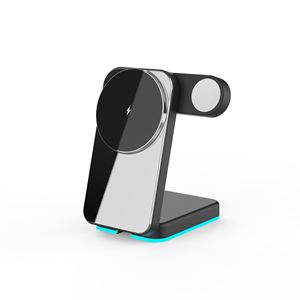 Chargeur sans fil magnétique pliable et rotatif 3-en-1 15W avec panneau miroir et lumière RGB pour téléphone portable, montre, écouteurs, bureau et voyage - Product Image 4
