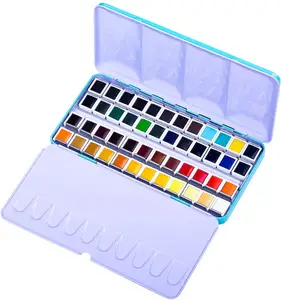 专业48色纯色水彩画套装，带手提锡盒中的刷笔，供艺术家使用