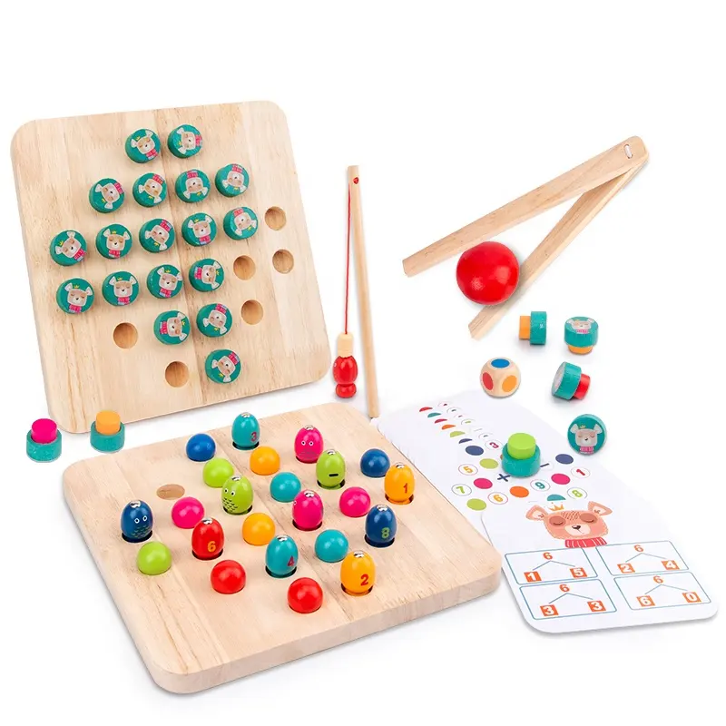 4 in 1 Multifunctional Fishing toy Memory Chess Educational toy wholesale Baby Hands-on Clip Beads Montessori Wooden Toy