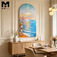 Peinture à l'huile sur toile faite à la main, art mural abstrait, peinture de paysage texturée, bateau à voile floral, vague océanique, tableau mural, décoration intérieure encadrée