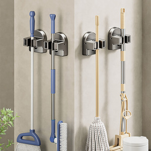 Blue Vine <b>Wall</b> Mounted <b>Mop</b> Holder Chrome Finish Punch Free Storage Rack For Bathroom Cleaning Tools - Product Image 1