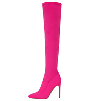 Bottes femme 2026 rose vif en tissu extensible, au-dessus du genou, sexy, ajustées, à bout pointu, talon aiguille ultra fin
