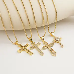 High Quality 18K Gold Plated Zircon Stainless Steel Different Style Cross Pendant Necklace For Women And Girls
