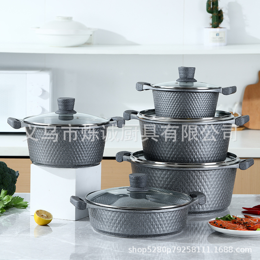 Ensemble de 10 pièces de casseroles électriques grises avec manche en bois.