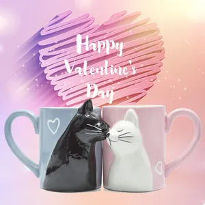 2-PCS öpücük kedi kahve çift el yapımı kupa, komik çay seramik fincan seti gelin ve damat, eşleşen hediye nişan düğün için