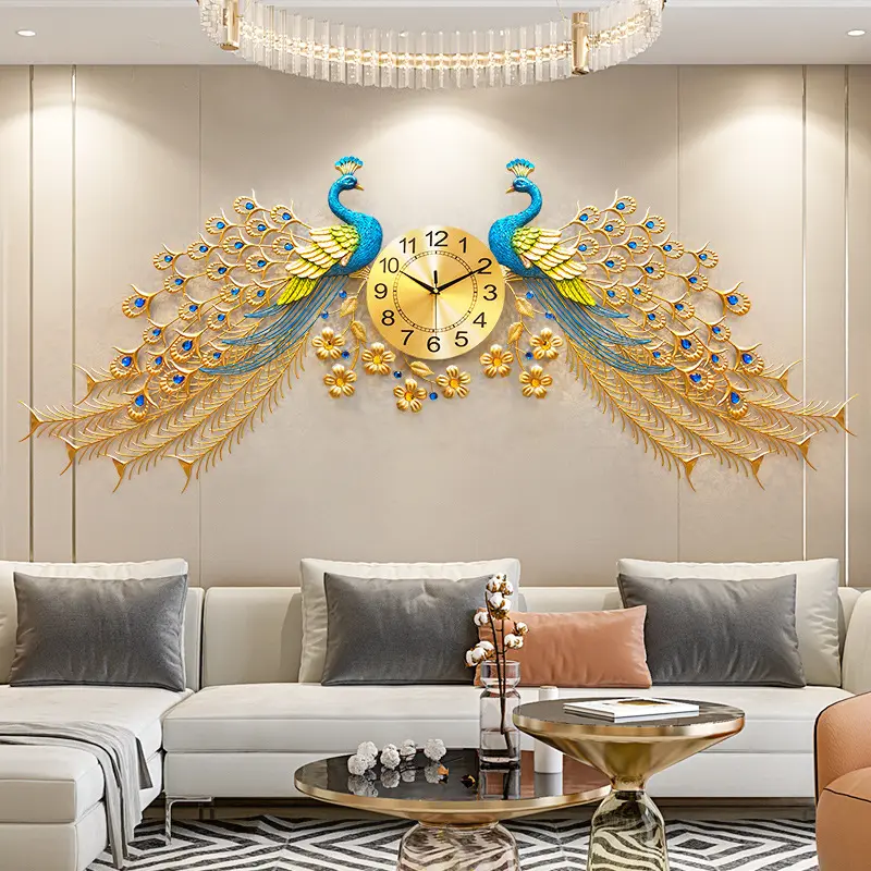 Large Metal Style Double Peacock Wall Clocks For Living Room Home Decoration Wall Watches