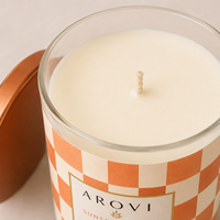 Bougie en pot à carreaux orange Arovi-Wholesale 200g, bougie en cire de soja aux agrumes avec couvercle en cuivre, boîte personnalisée pour marques à étiquette privée