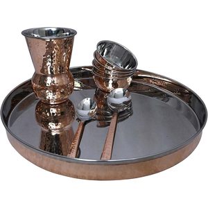 PARIJAT HANDICRAFT 12 Inch Stainless Steel Copper Traditional Dinner <b>Set</b> Thali Plate Bowls Glass Spoon <b>for</b> Home Use - Product Image 5