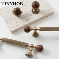 Poignées vintage en bois de noyer et laiton avec boutons à extrémité sphérique à rayures verticales, tirants de meubles en bronze antique pour armoires et tiroirs