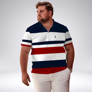 Polo rayé pour homme à manches courtes, color-block, fermeture éclair sur le devant, décontracté, en coton tricoté respirant, blanc, marine, rouge - Product Image 4