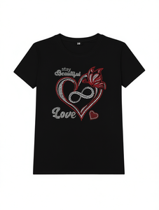 T-shirt Nera da Donna con Scollo Rotondo, Manica Corta, Vestibilità Regolare, Design Cuore con Strass - Stay Beautiful Love San Valentino - Product Image 1