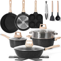 Peralatan Masak Batu Maifan Anti Lengket 17 Buah Set Desain Minimalis Modern Tutup Kaca Gagang Kayu untuk Perdagangan Luar Negeri yang Dapat Disesuaikan