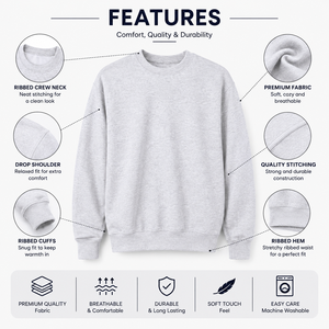 <b>Men's</b> Light <b>Grey</b> Solid Crew Neck Sweatshirt Regular Fit Long Sleeve Pullover Fleece Premium Quality Custom Print Embroidery - Product Image 5