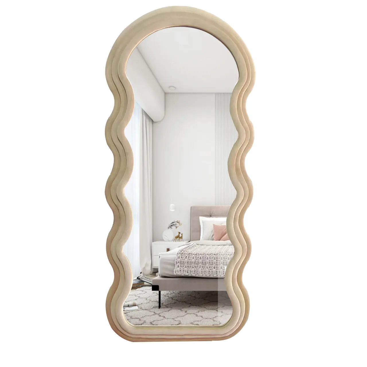 Espelho de decoração de parede grande personalizado de corpo inteiro, emoldurado em forma de luxo, design moderno, para sala de estar, arco de onda inquebrável