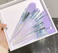 Lot de 10 pinceaux de maquillage pour application professionnelle, accessoires OEM, avec manche transparent, cheveux doux, violet, 10 pièces