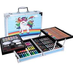 चित्रकला सेट 145-टुकड़ा सेट, डबल-परत एल्यूमीनियम बॉक्स पानी के रंग का पेन सेट, बच्चों के ड्राइंग रंग कलम सेट