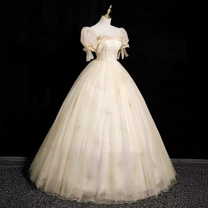 Champagne Off The Shoulder A Line Organza Evening Gown Empire Waist Vintage Style Dress - Product Image 1